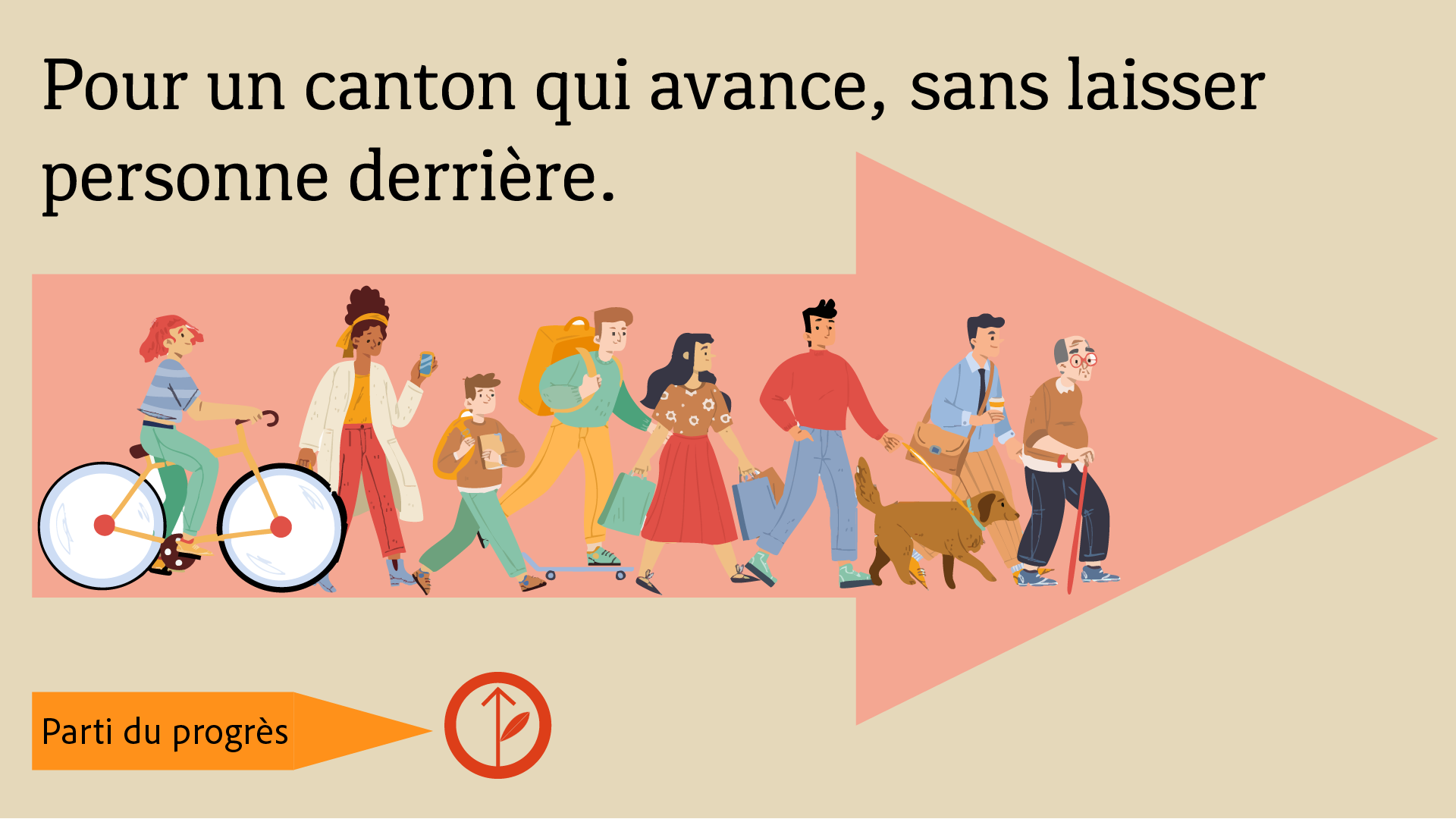 Affiche électorale représentant un groupe de citoyens marchant vers la droite. En arrière-plan se trouve une flèche rose.